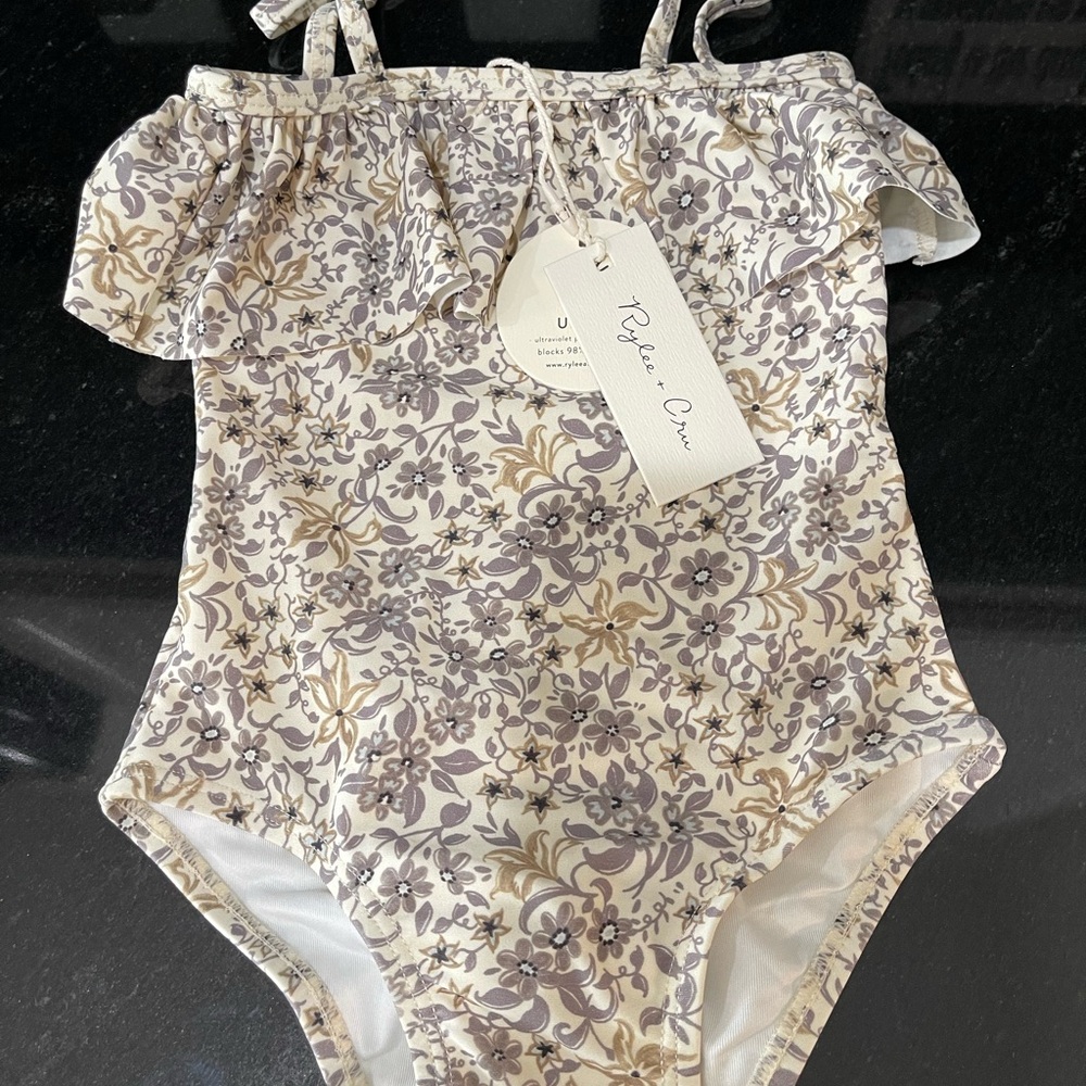 Rylee + Cru Floral Kids Swim One Piece - Cream and Purple